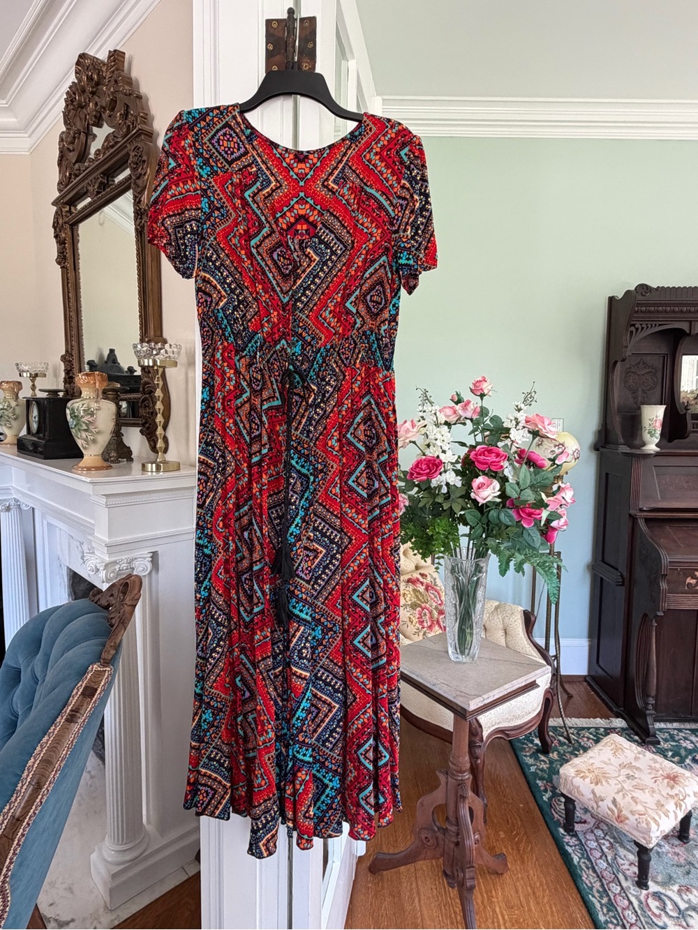 Red Geometric Short-Sleeve Midi Dress, size XL